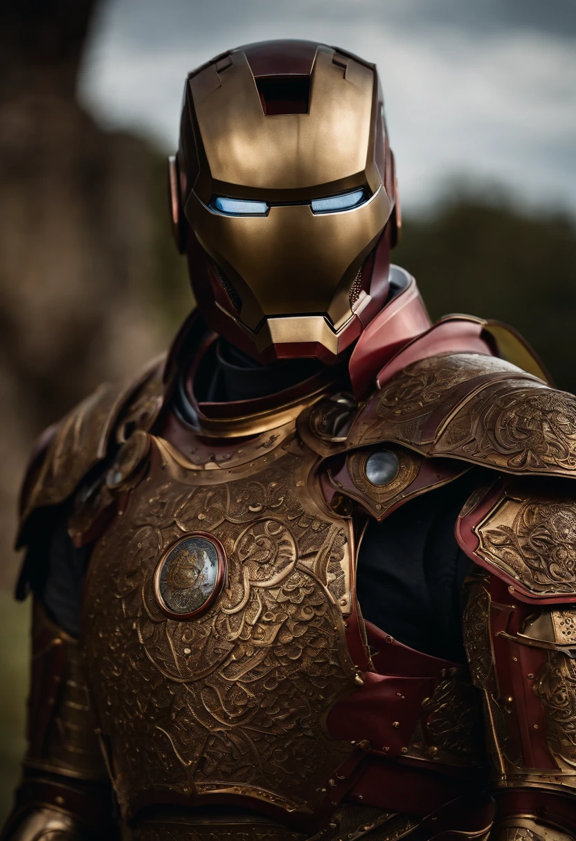 Bill Skarsgård, Iron man armor, medieval armor, realistic shot, ultra sharp focus.