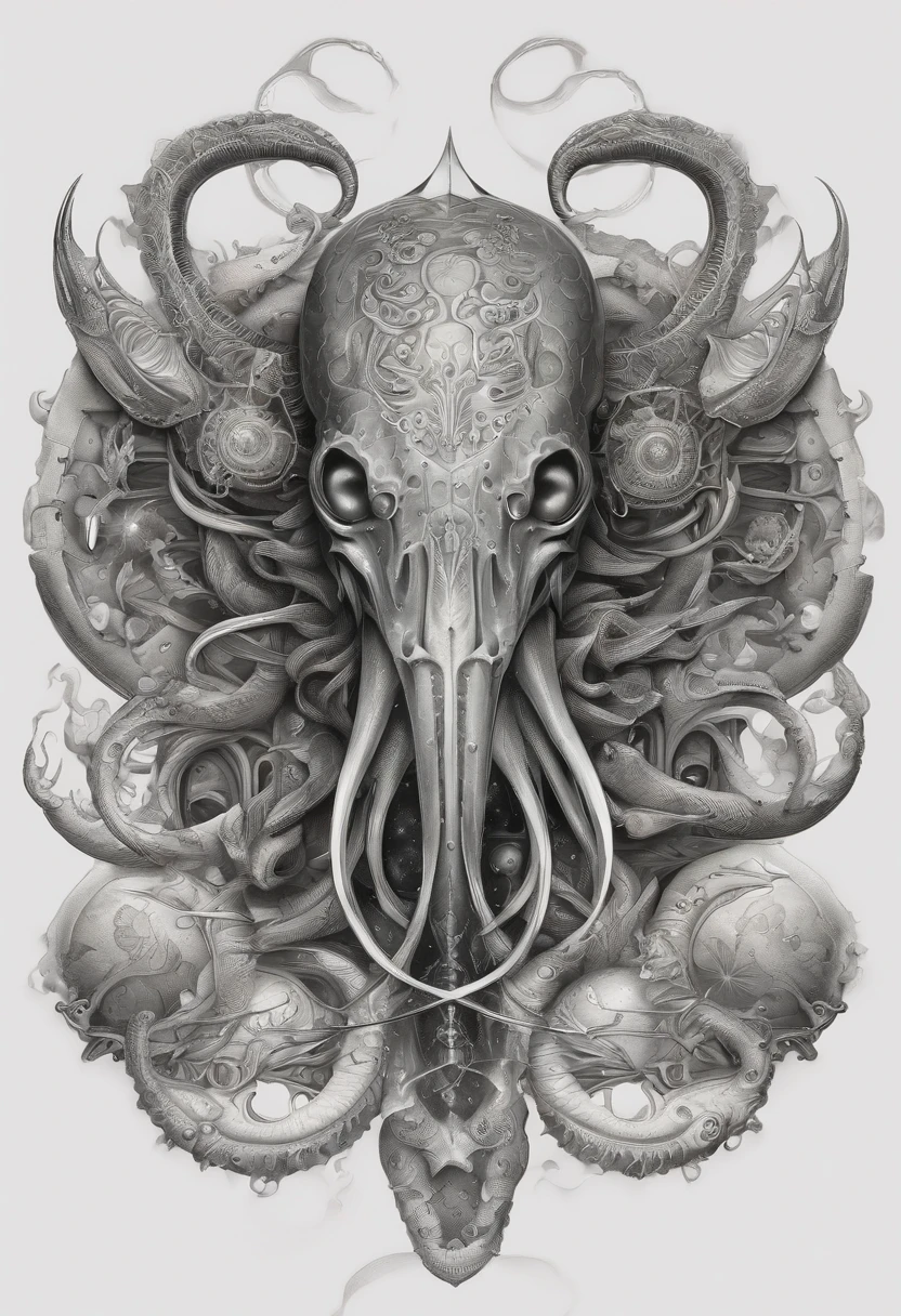 Create a tattoo by mixing biomechanical elements with sea beings