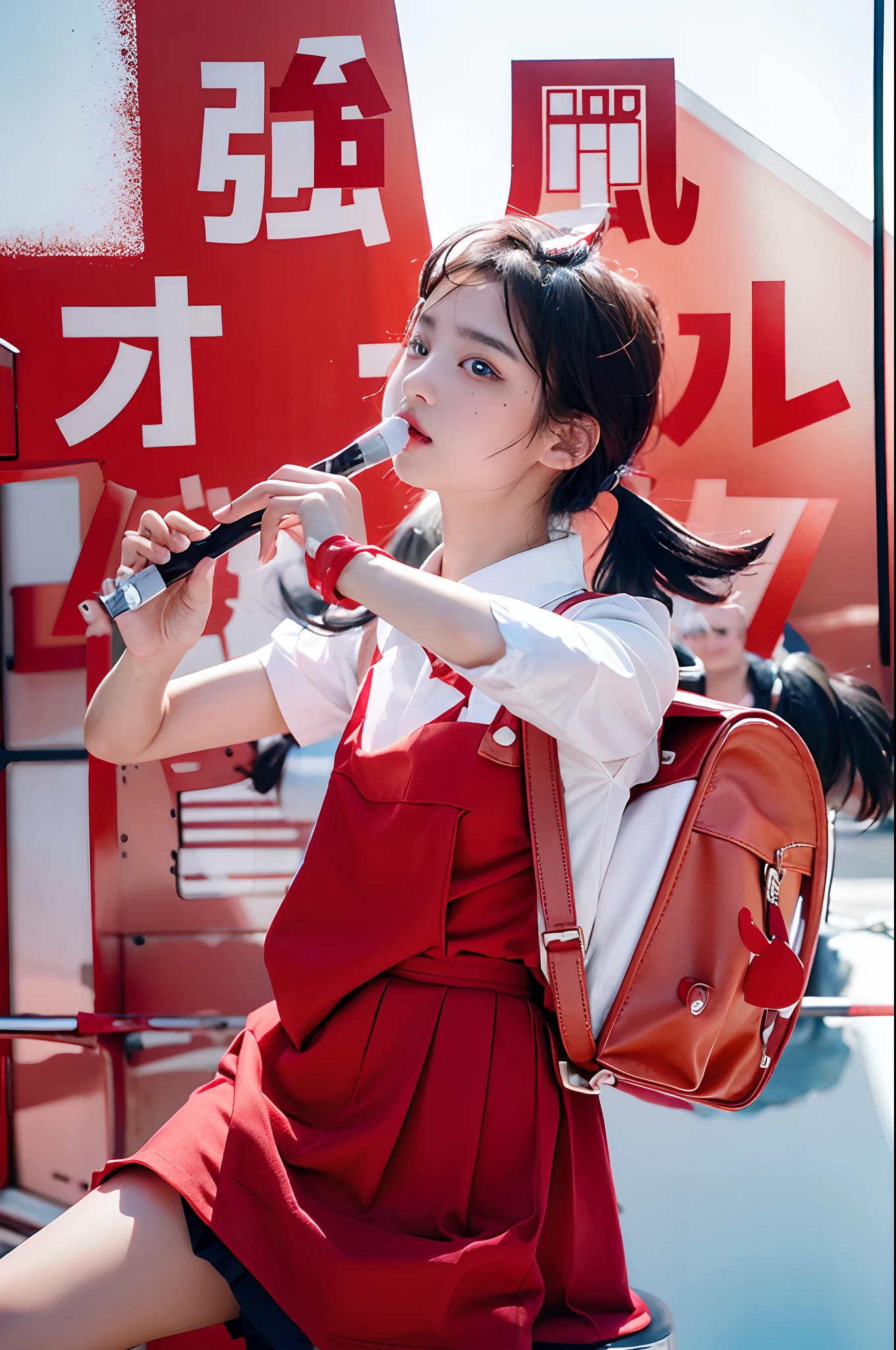 a red skirt、white shirt、red backpack、whistle 🪈、Photorealsitic, hight resolution, 1 rapariga, Korea person, Heterochromia eyes, small moles under eyes,