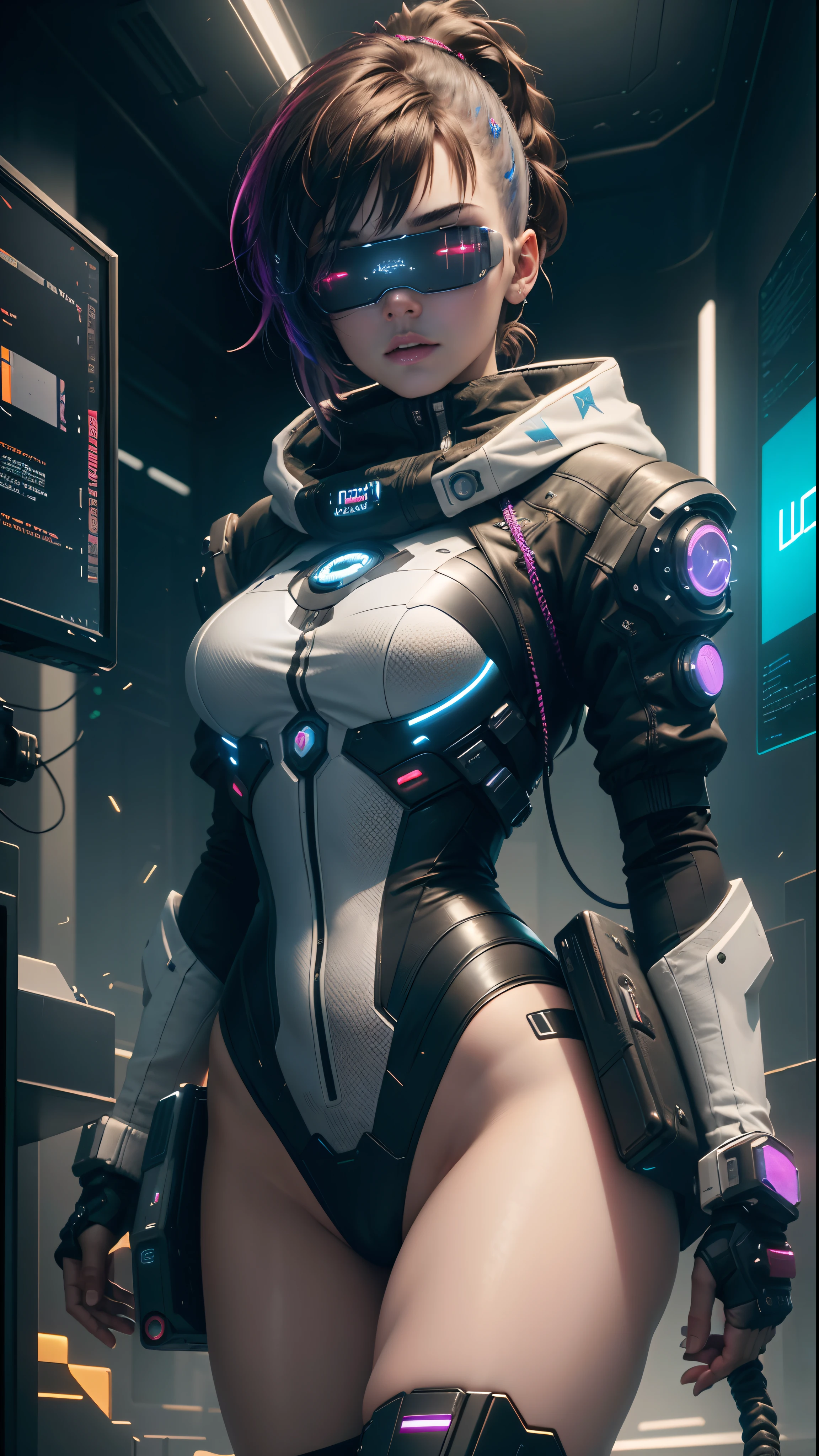 ((Best Quality)), ((Masterpiece)), (Very detailed:1.3), 3D, Beautiful (Cyberpunk:1.3) Female hacker, Mohican hairstyle, back to viewer, thick hair, operating computer terminal, head-mounted display, computer server, LCD screen, fiber optic cable, company logo, HDR (high dynamic range), ray tracing, nvidia RTX, super resolution, Unreal 5, subsurface scattering, PBR texture, post-processing, anisotropic filtering, depth of field, Maximum sharpness and sharpness, multi-layered textures, albedo and highlight maps, surface shading, accurate simulation of light-material interactions, perfect ratios, octane rendering, duotone lighting, low ISO, white balance, rule of thirds, wide aperture, 8K RAW, efficient sub-pixels, subpixel convolution, luminous particles, dynamic pose