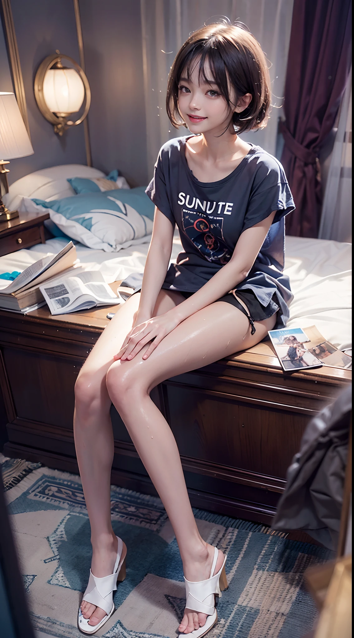 (NSFW), 1womanl, Solo, 24 year old, 7headed body, (cute face), (Ideal ratio body proportions), livingroom, (((Oversized T-shirt))), (((panties on))), ((The lower part of the body is bare)), long , Smiling smile, The costume is sheer, Wet, short-hair, Dark hair, small tits, A slender, Small buttocks, beauty legs, Skinny Legs, surrealism, Cinematic lighting, depth of fields, One-person viewpoint, F/1.8, 135 mm, nffsw, masutepiece, ccurate, Anatomically correct, Textured skin, Super Detail, high details, High quality, awardwinning, Best Quality, hight resolution, 8K