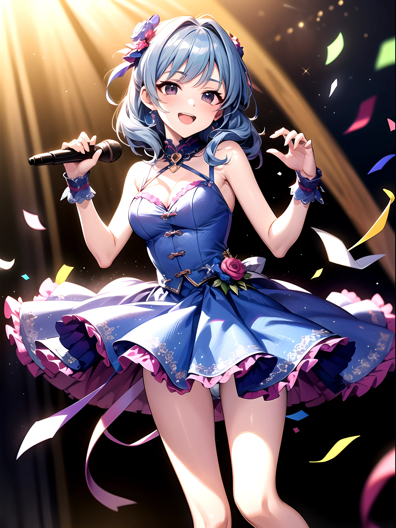 Idol girl in dress dancing on stage with confetti, Long light blue hair、Twin-tailed、Black eyes, Detailed key anime art, official artwork, idolmaster, Cute, Gorgeous and cute white and red dress、Hands up、jumpping、hight resolution、The best smile、cleavage of the breast、high-heels、a frilled miniskirt、Shining lighting with neon details、Hold the microphone with your left hand and sing、light reflections、Heart-shaped iris、playful eyes、white panty