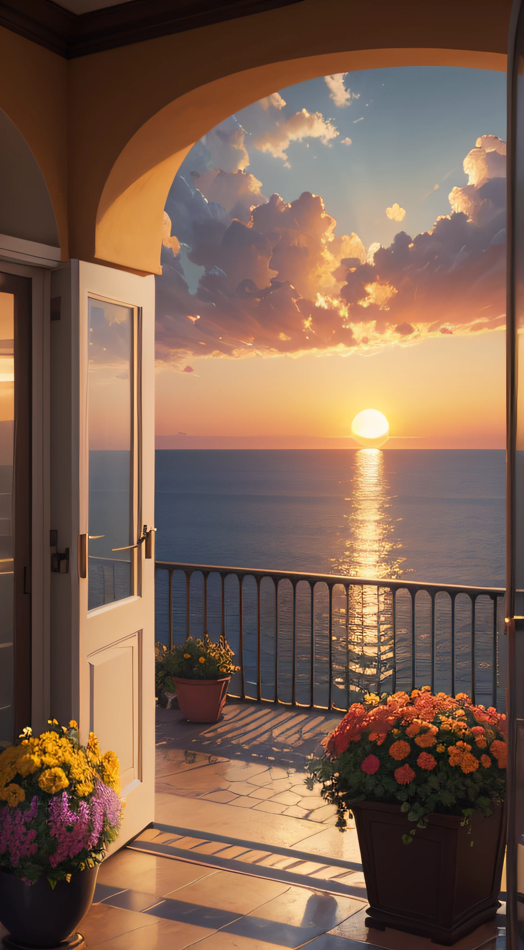 Oil painting of a sunset in a Mediterranean city by the sea, with many flowers and no people, The afternoon is rainy you can see the sun, Elegant atmosphere, many details, Lumion 8K Render, many details, Yellow cinematic lighting in warm tones , Image in the style of an impressionist oil painting, Muchá, Manet Cézanne.