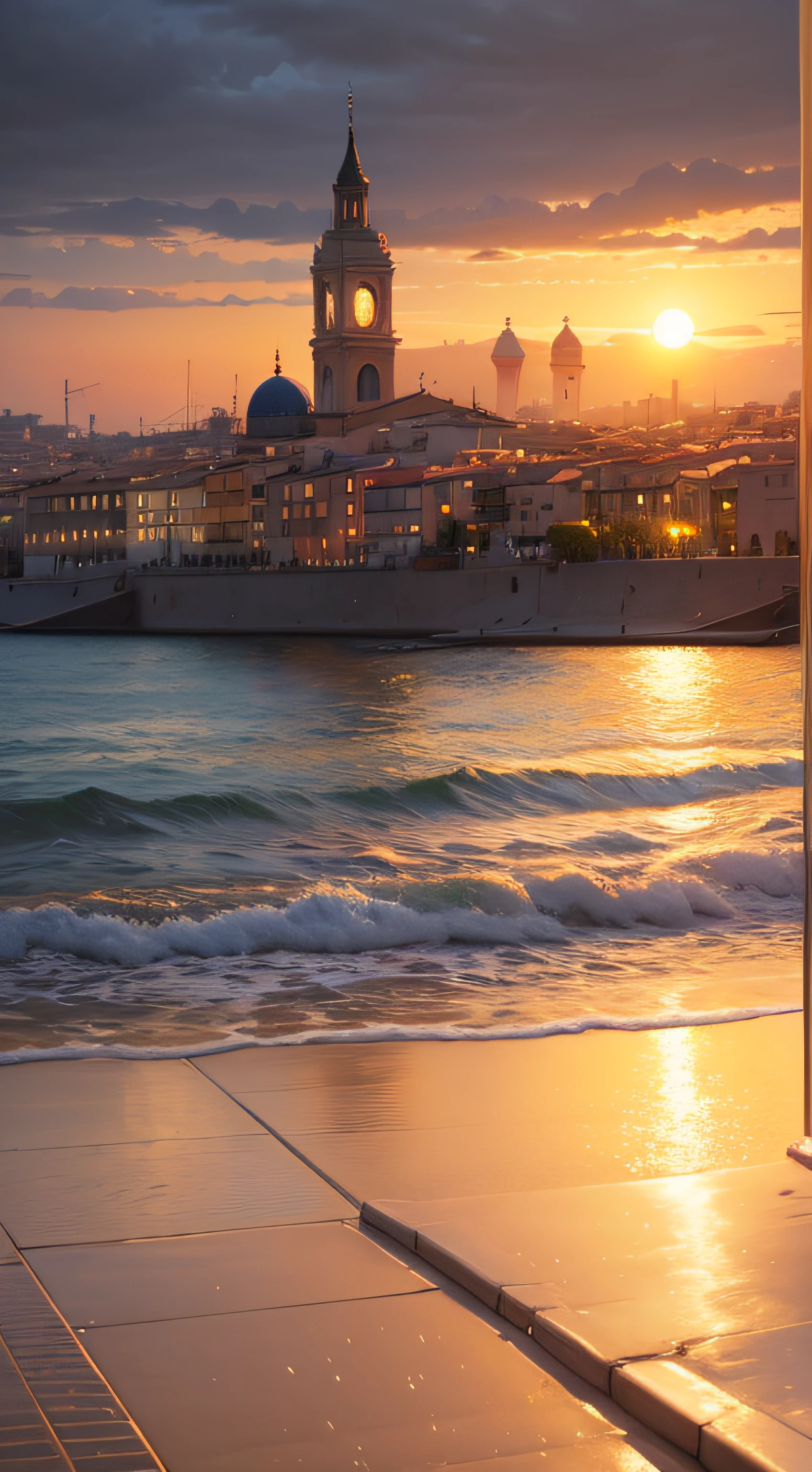 Oil painting of a sunset in a Mediterranean city by the sea, with many flowers and no people, The afternoon is rainy you can see the sun, Elegant atmosphere, many details, Lumion 8K Render, many details, Yellow cinematic lighting in warm tones , Image in the style of an impressionist oil painting, Muchá, Manet Cézanne.