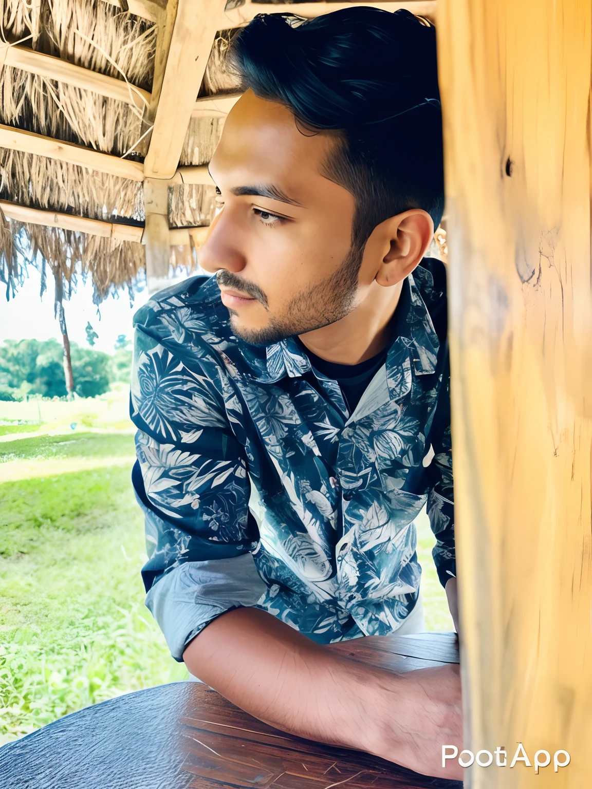 there is a man that is sitting at a table with a cell phone, shot on nikon z9, shot on canon eos r 5, shot on canon eos r5, assamese aesthetic, casual photography, shot with premium dslr camera, profile pose, with a cool pose, portrait mode photo, in front of a forest background, portait photo profile picture ,vintage art style