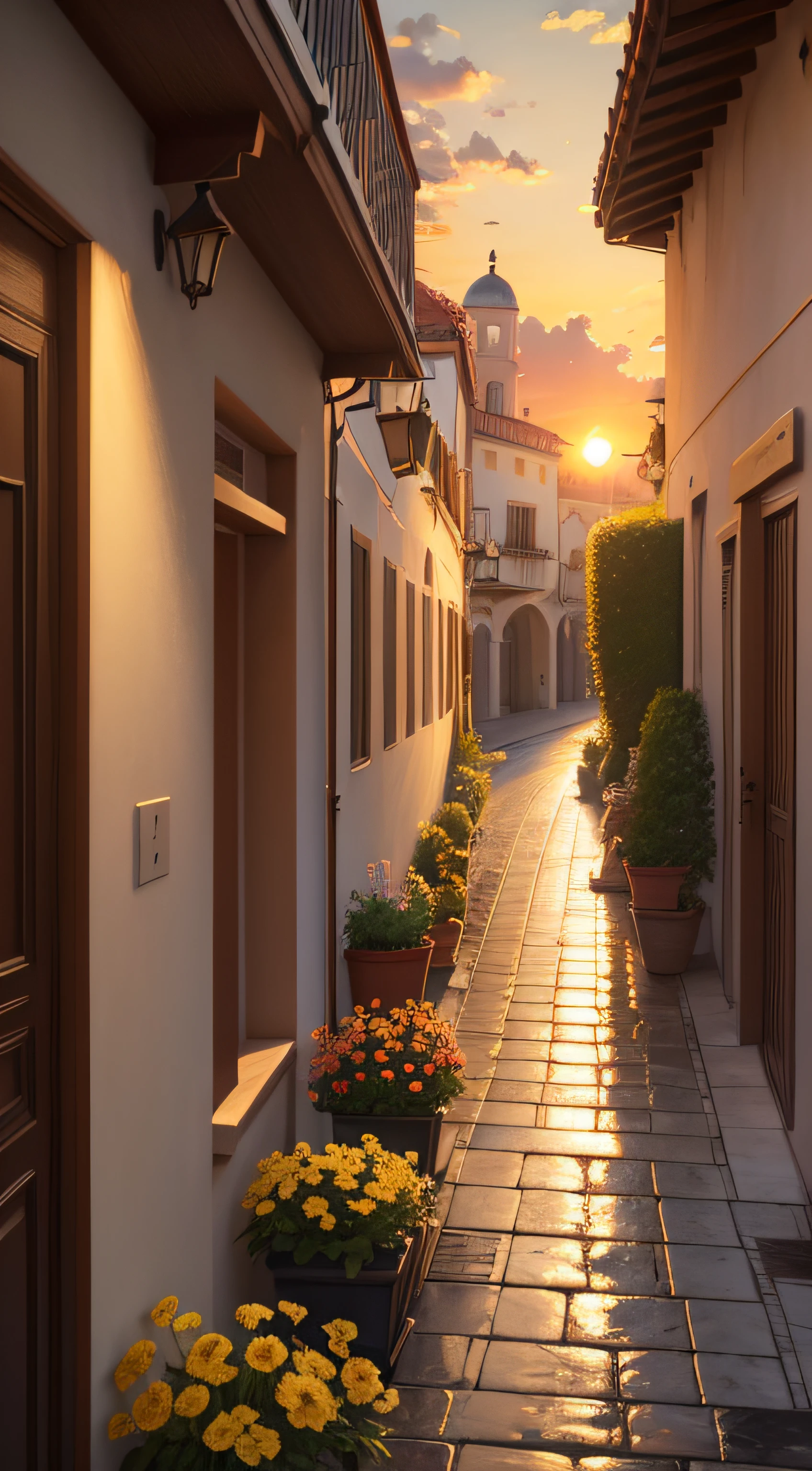 Oil painting of a sunset in a Mediterranean city by the sea, with many flowers and no people, The afternoon is rainy you can see the sun, Elegant atmosphere, many details, Lumion 8K Render, many details, Yellow cinematic lighting in warm tones , Image in the style of an impressionist oil painting, Muchá, Manet Cézanne.