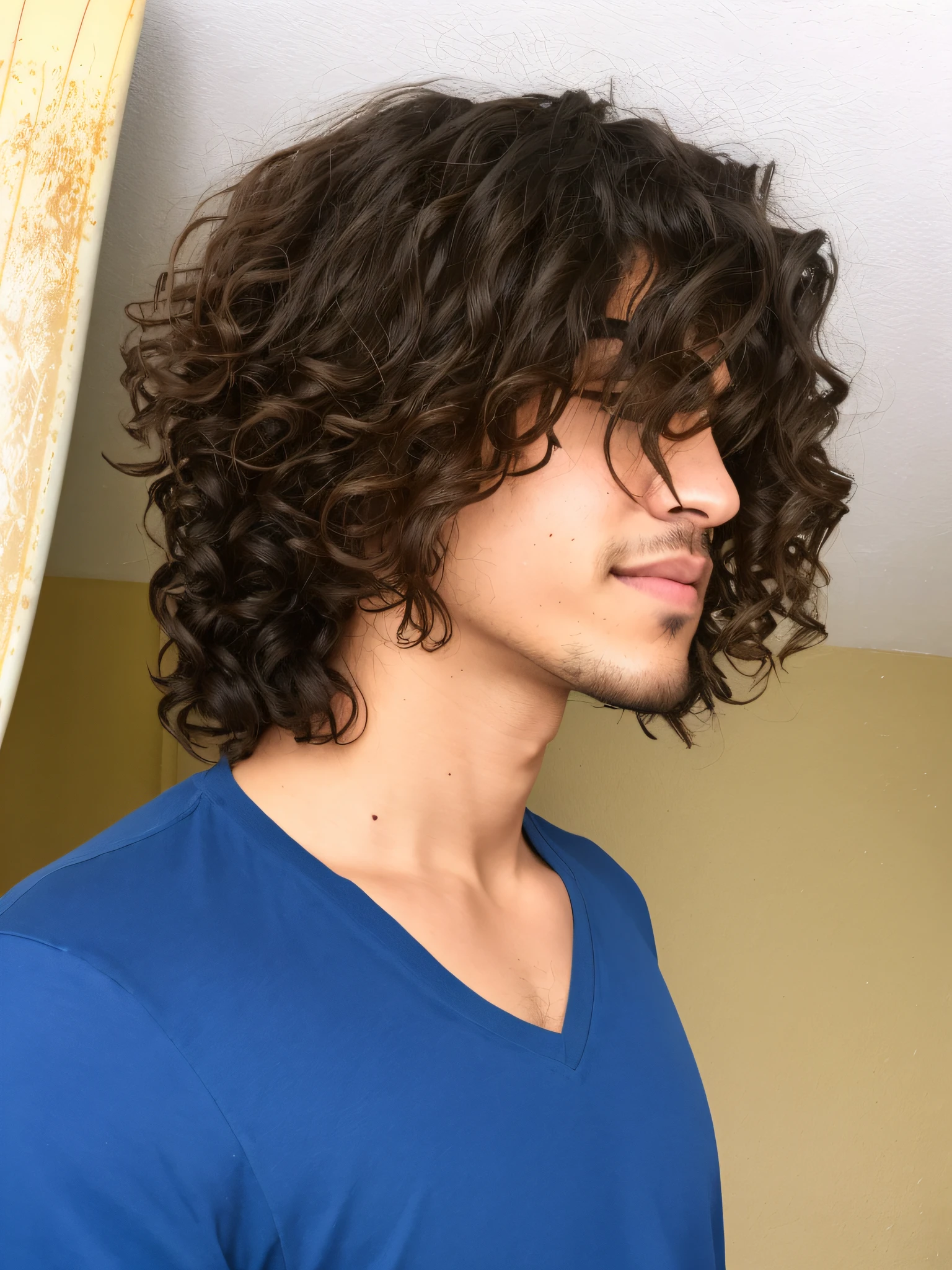 a cute boy with a blue shirt and a surfboard in his hand, with long curly hair, curly middle part haircut, curls on top of his head, long messy curly hair, he has short curly brown hair, mid long hair, messy curly hair, curly and short top hair, avan jogia angel, curls on top, his hair is messy and wild