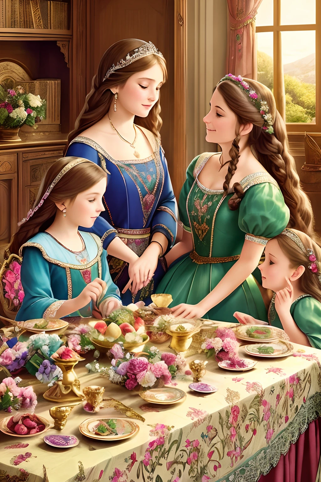 cartoon style (high resolution: 1.2),Happy moment, medieval mother and three daughters, go shopping at village market, cheer, bunnies and duck, beautiful detailed eyes, lush green garden, long flowing hair, traditional medieval clothes, castle in the background, soft natural light, portrait, realistic colors, tranquil atmosphere, immaculate details, classic oil painting, antique style, a moment frozen in time, subtle brushstrokes, vibrant hues, serene expressions, bond of love between mother and daughters , graceful poses, sunlight streaming through the trees, meticulous attention to detail, expression of tenderness and care, impressive depth and scale, majestic architecture, storybook atmosphere, caring presence of the mother, sparkling jewels and headdresses, triumphant but tender, antique tapestries and decorations, floral motifs and embroidery, draped fabrics and textures, delicate lace and ruffles, sumptuous banquet table in the castle, playful interaction between daughters, jewel-toned stained glass windows, flowers blooming lushly, butterflies and birds flutter around, stories and mysteries revealed, an enchanting tale of love and family.