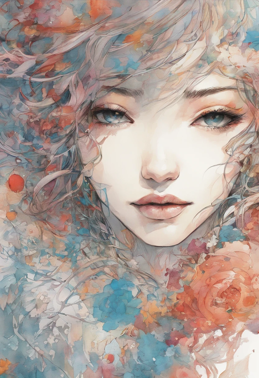 Melancholic Noir Line Art and Alcohol Paint Style, ponto de fuga em papel branco, arte de linha de Tsutomu Nihei e Carne Griffiths retratando a fragilidade da beleza humana, Dynamic design, splash art em aquarela incorporado como elementos complementares, vibrante, poster, arte conceitual, 插圖, pintura