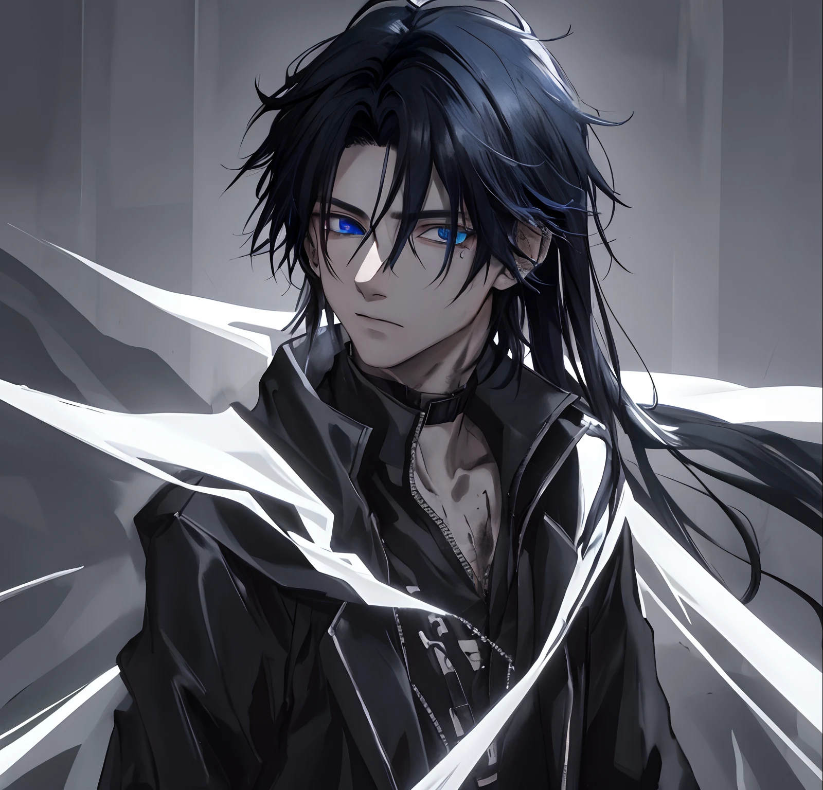 (alta qualidade, 16k, HDR )Colors with cold feeling in a dark tone A teenager with black hair and a cold and piercing look bleeding a little and cleaning himself of anime genre with a brown skin and blue eyes dressed in black