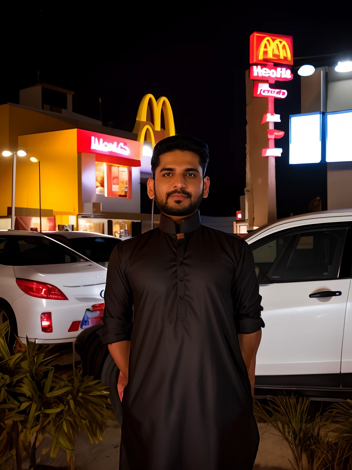 araffe standing in front of a mcdonalds restaurant at night, kyza saleem, khyzyl saleem, at nighttime, very very low quality picture, mohamed chahin style, at night time, wearing a kurta, ismail, ash thorp khyzyl saleem, facebook post, photo taken at night, riyahd cassiem, mohamed chahin