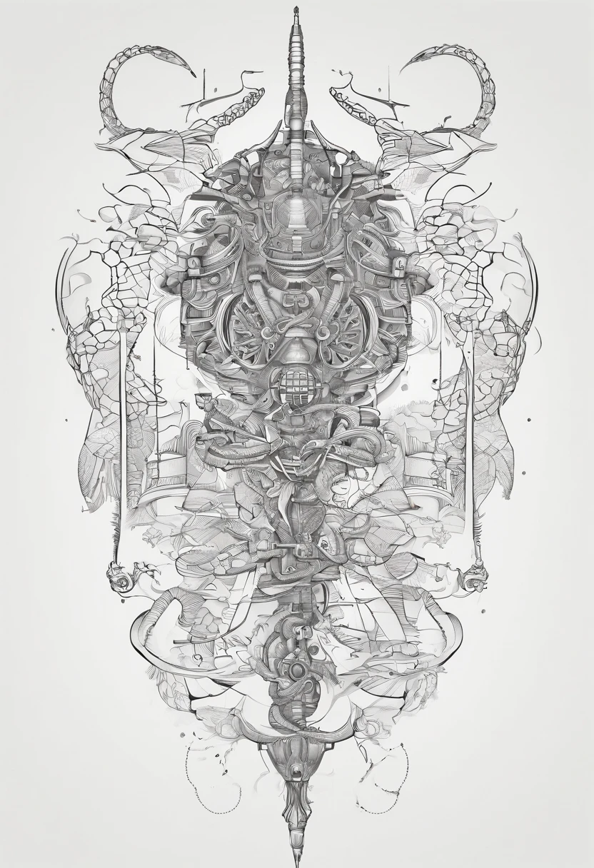 Create a tattoo by mixing biomechanical elements with sea beings