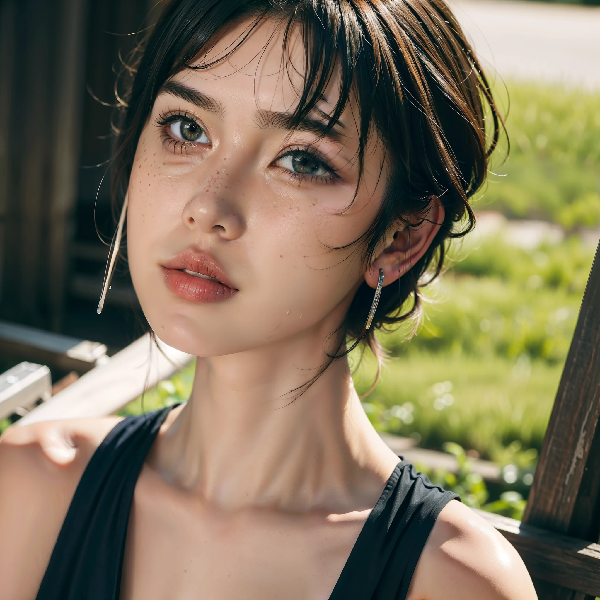 ((best quality)), ((masterpiece)), ((realistic)), (detailed), (1 girl) woman, arm tattoo, portrait, asymmetrical bangs, short hair, bangs, freckles, green eyes, looking at viewer, neck tattoo, nose piercing, blonde hair, solo, upper body, detailed background, town, alley, dark alley, portrait, night, angry, close up, closed mouth, ((masterpiece)), wet skin, dynamic view, fair skin