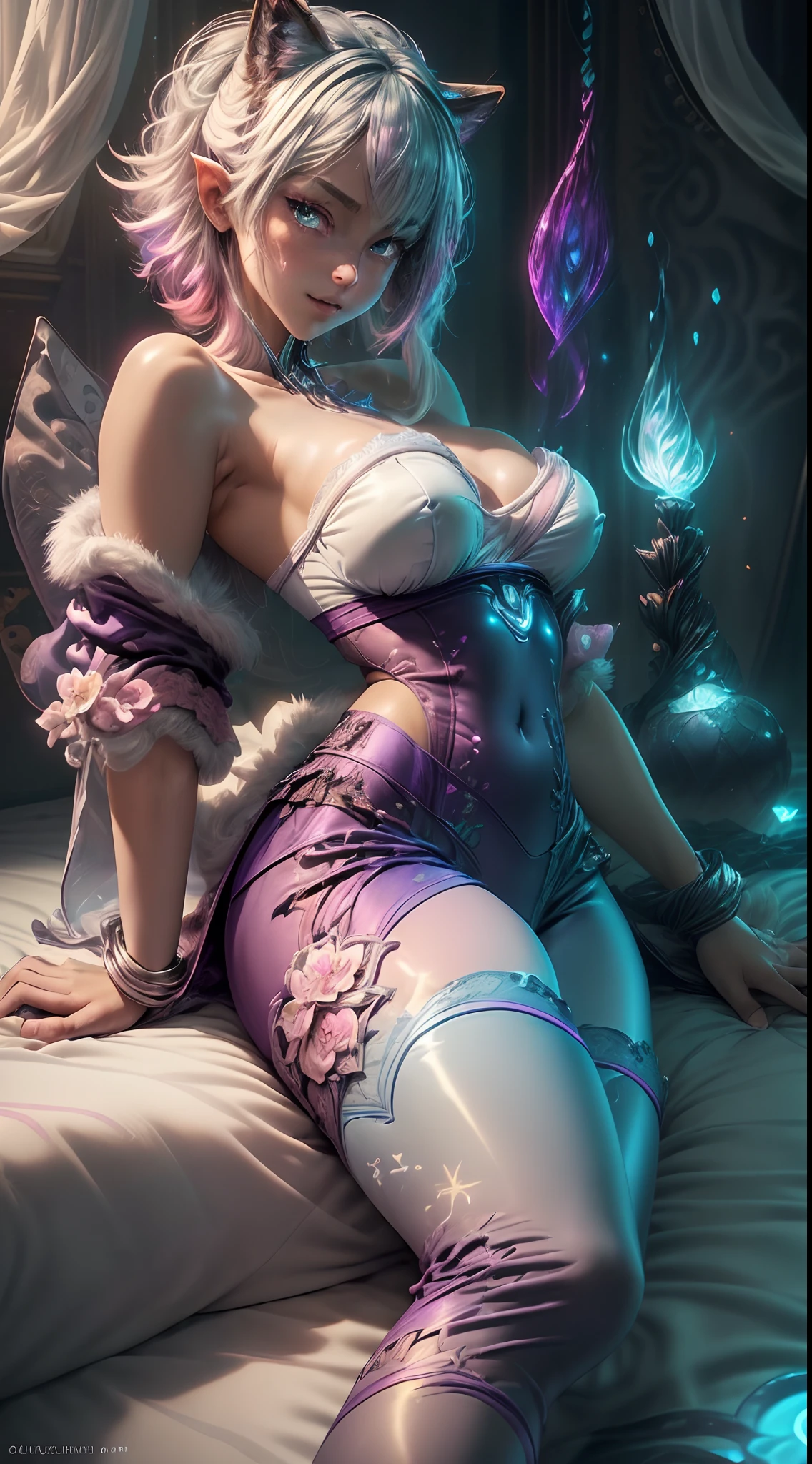 spiritual blue fire fluffy fox girl, (fluffy fox ears, fluffy fox tail), (spirit, spiritual:1.4), (blue fire:1.5), 1girl, perfect and well designed glowing shiny eyes, (beautiful detailed eyes:1.05), (big breasts:1.35), slim body, beautiful and delicate cute face, (face detail), ((realistic face)), pores, ((pale grey skin)), detailed skin, realistic skin, (((bioluminescence))), ((shiny skin)), (fangs:1.5), (multicolored gradation skin), (monster girl:1.25), (fur body:1.4), human face, medium length hair, hair voluminous, (((((multicolored gradation hair))))), super high resolution, 8k, parameters Best quality, (masterpiece:1.4), (magic accessories:1.4), bracelets, extremely detailed thick tight ({nylon|lycra}:1.5) pastel bright ((dark blue, (blue:0.4), silver:1.3), (pink, purple:0.75)) ornate ({(satin:0.9)|(lace:1.4)} (white-pink strapless sport top:1.5), (bright-red kimono sleeves:1.35), (dark-purple tight pants:1.5)), (bare shoulders:1.6), (standing nipples under cloth:1.25), (cameltoe:1.7), (ornaments on clothing:1.5), (neckline:1.3), (cleavage:1.3), decolette, navel, Young Girl, Little Beast, (Smile:0.7), (pale Skin:1.4), (((flower tattoos all over body, flower tattoos all over legs))), ultra detailed, photorealistic, ((Real image)), (best quality:1.4), super high resolution, (Realistic 2.0), More details, (((1girl))), (laying on bed:1.25), (spacious bedroom:1.5), city and buildings behind a window, futuristic, cyberpunk, magic technologies, (beautiful and aesthetic:1.2), (fractal art:1.4), (cinematic light:1.1), (close DUTCH ANGLE:1.3), 16K, HDR, RTX, Ray Tracing, Radiosity, Anisotropic Filtering, Subsurface Scattering, (((magic lights))), metallic reflections, Detailed, Realistic, 4k highly detailed digital art, (cool_color), extremely detailed CG unity 8k wallpaper, vibrant colors, (seductive pose:1.6), (spread legs:1.2)
