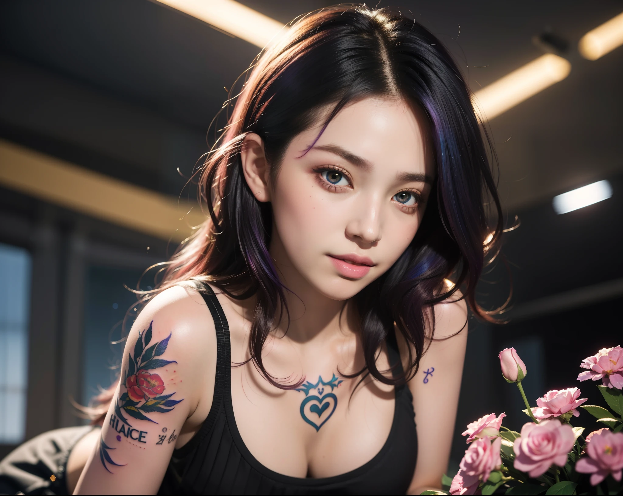 Realistic, 1girl in, Colorful hair, Purple eyes, Glowing eyes, cropped top, Skirt, Parted lips, blush, Night, Flowers, Sun, Sun, Sexy, Feminine, Seductive, Provocative, Multi-angle, ((1girl in)),Girl in fancy streetwear, neotokyo, Centered| Convoluted| Highly detailed| Breathtaking beauty| precise lineart| Vibrant| comprehensive cinematic| Carne Griffiths| Conrad Roset, 8K, Oil Painting, Cinematic lighting, rainy, ((The tattoo)),(Fancy hair color)),((random facial expression)),smirk grin,all-fours,Angle from above