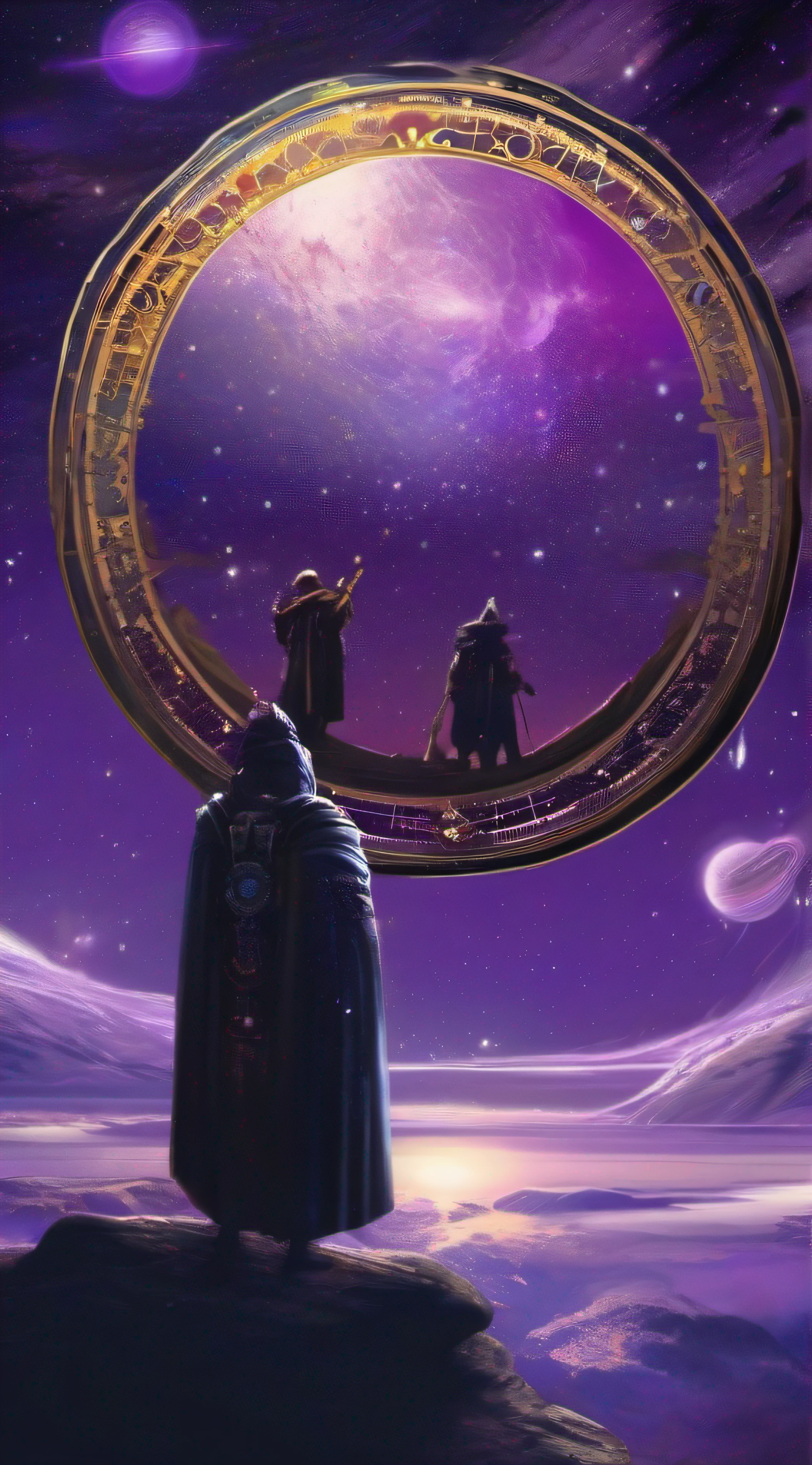 A mandala floats in the sky, two men stand below, looking at the viewer, dual wielding katana, space portal in the sky, observing planets through a powerful telescope, planets orbiting in the sky, black and royal purple color scheme, powerful weapons, aggressive combat stance, stars twinkling in the cosmic sky