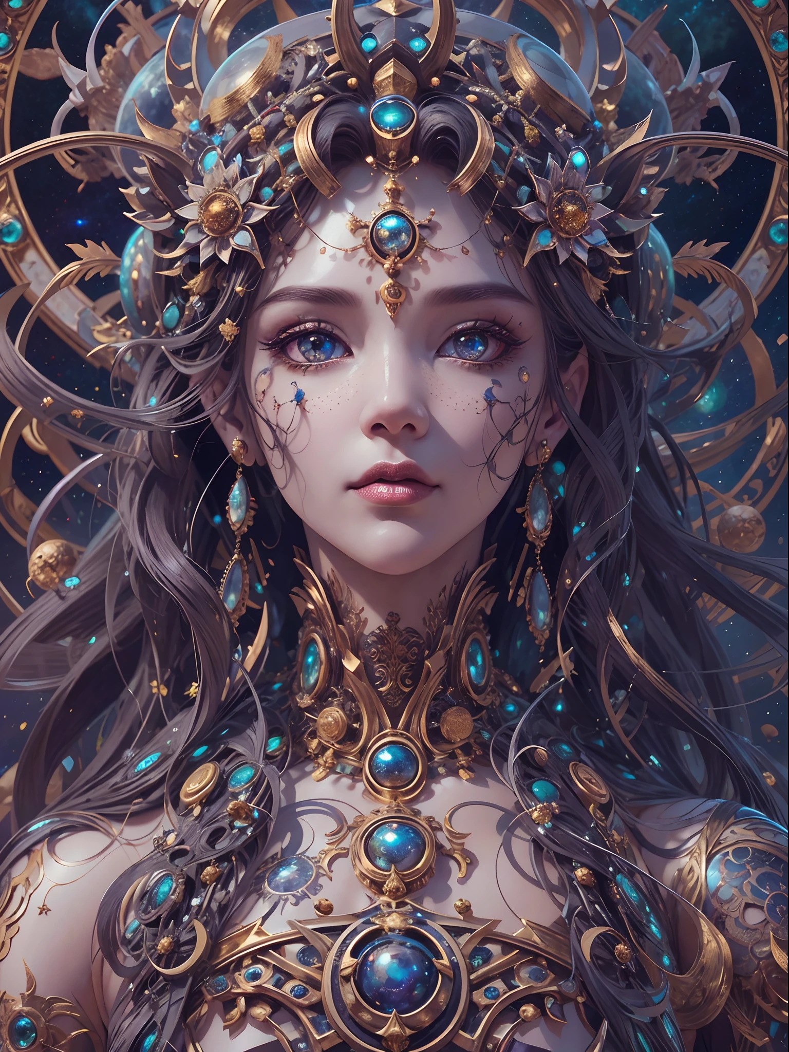 (best qualtiy,ultra - detailed,Most Best Illustration,Best shadow,tmasterpiece,A high resolution,professionalartwork,famousartwork),Detailed eyes,beautidful eyes,closeup cleavage,sci-fy,colored sclera,Robot eyes,face markings,Tattooed with,(fractalized,Fractal eyes),largeeyes,Wide eyes,(Eye focus),sface focus,Cosmic eyes,Space eyes,Close-up of metal sculpture of a woman with a moon in her hair,goddes。extremly high detail,3 d goddess portrait,Extremely detailed footage of the goddess,a stunning portrait of a goddess,Side image of the goddess,portrait of a beautiful goddess,Full body close-up portrait of the goddess,hecate goddess,portrait of a norse moon goddess,goddess of space and time