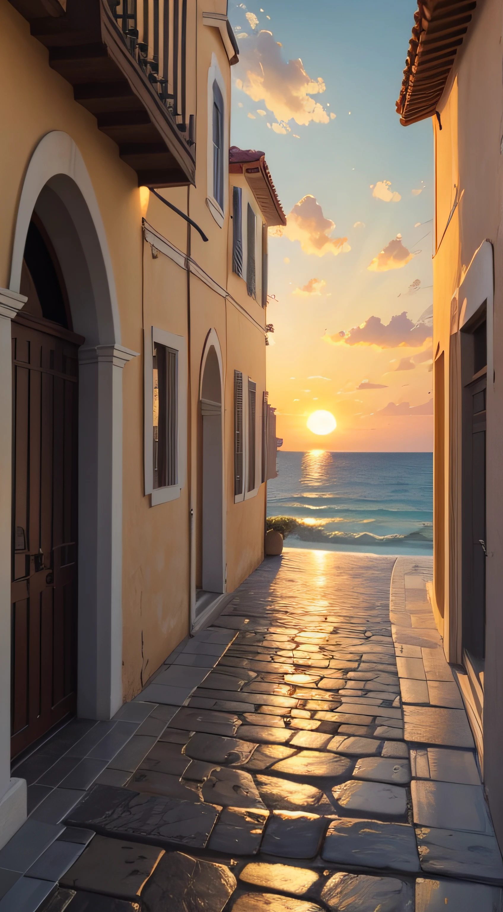 Oil painting of a sunset in a Mediterranean city by the sea, con muchas flores y sin gente, La tarde es lluviosa se puede ver el sol, Elegant atmosphere, Muchos detalles, Lumion 8K Render, Muchos detalles, Yellow kinematic lighting in warm tones , Image in the style of an impressionist oil painting, Muchá, Manet Cézanne.