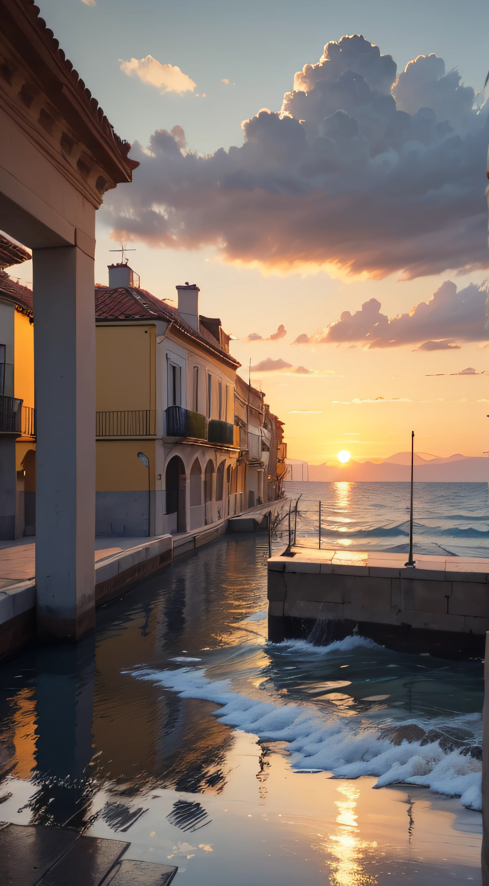 Oil painting of a sunset in a Mediterranean city by the sea, con muchas flores y sin gente, La tarde es lluviosa se puede ver el sol, Elegant atmosphere, Muchos detalles, Lumion 8K Render, Muchos detalles, Yellow kinematic lighting in warm tones , Image in the style of an impressionist oil painting, Muchá, Manet Cézanne.