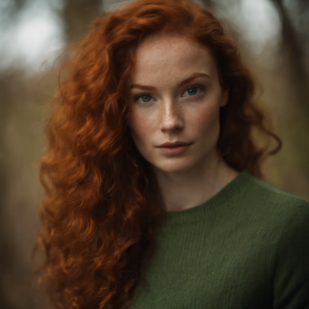 redhead, slim, fine facial features, green eyes, freckles