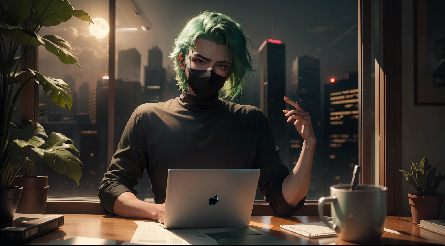 A man with a green hair wearing a mask with his 2 hand on the desk and a laptop front of the man. A window behind the man with beautiful view outside. Night