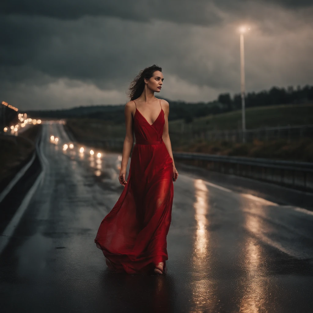 Portrait of a young women wearing a silky red dress soaking wet by a stormy rain in the middle of a highway