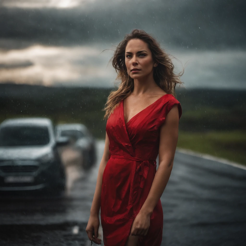 Portrait of a young women wearing a silky red dress soaking wet by a stormy rain in the middle of a highway