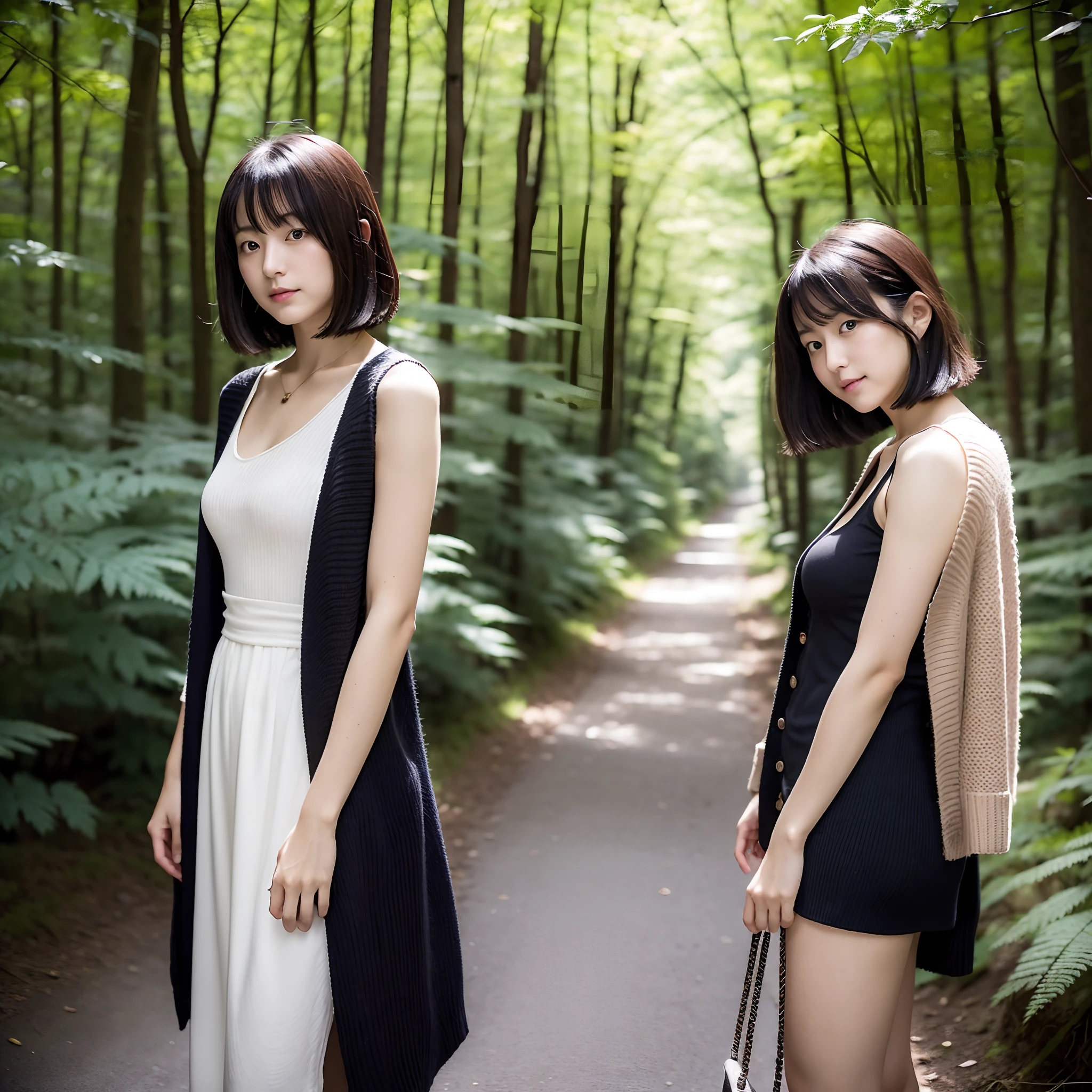 5 Japan women taking photos in the mountains of Japan、Forest bathing、One is a 27-year-old woman with loose and fluffy long bob hair.、One is an 18-year-old woman with a fluffy bob and dark brown hair、One is a 25-year-old blonde woman with unkempt hair, wearing a cardigan over a sleeveless dress、One is a 31-year-old dark-haired woman with a slightly longer bob.street snap、Adult personal clothes、