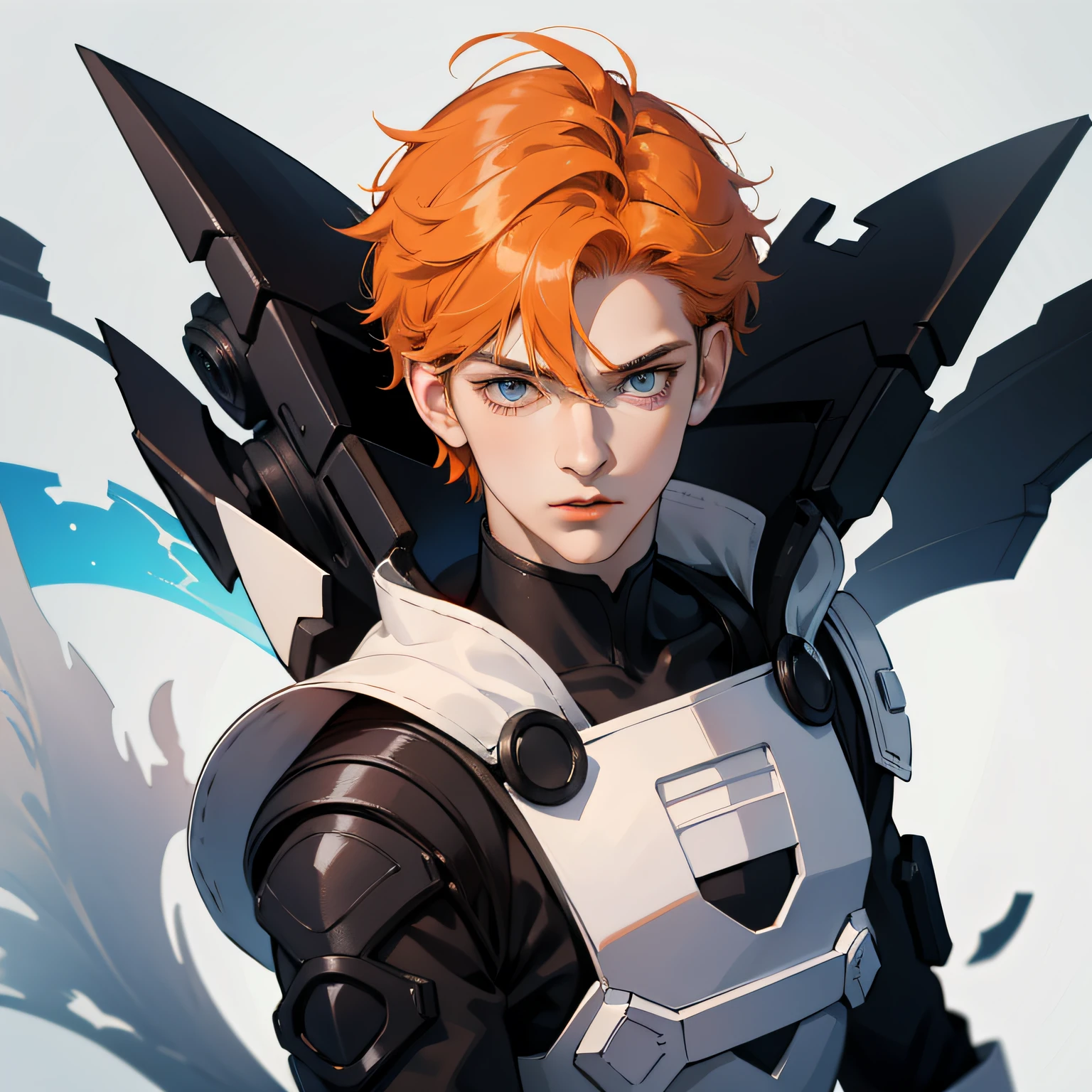 1  anime adul, short orange hair with white hairtufts, dark blue eyes, black and white battlesuit, blank background, high res, ultra sharp, 8k, looking at viewer