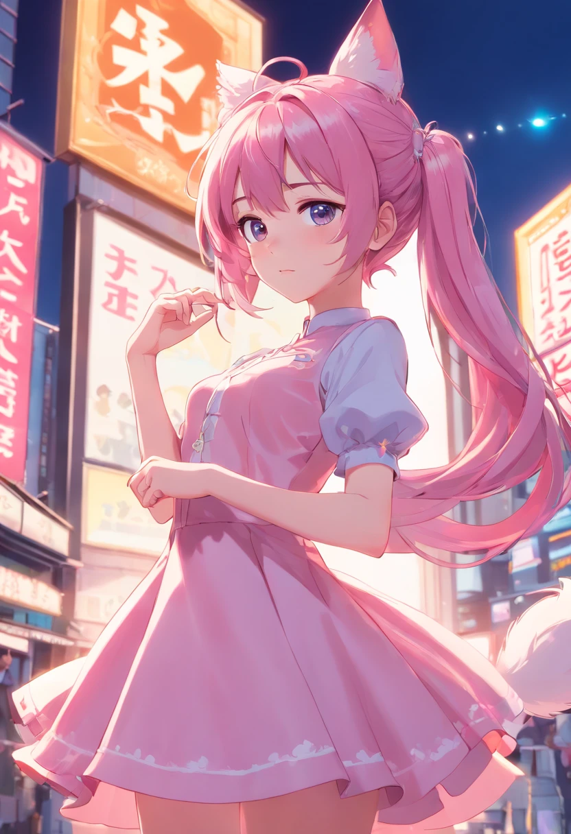 Il y a une fille en robe rose posant pour une photo, Belle Delphine, Pink hair with double tail and gray eyes, CYBERPUNK ROCOCO, Dollfie's dream, light pink tones, Skydoll Noa, Iconic pink character, April Rendition, Photo de rendu 8K octae, Cosplay of a catboy! robe, royal elegant pose