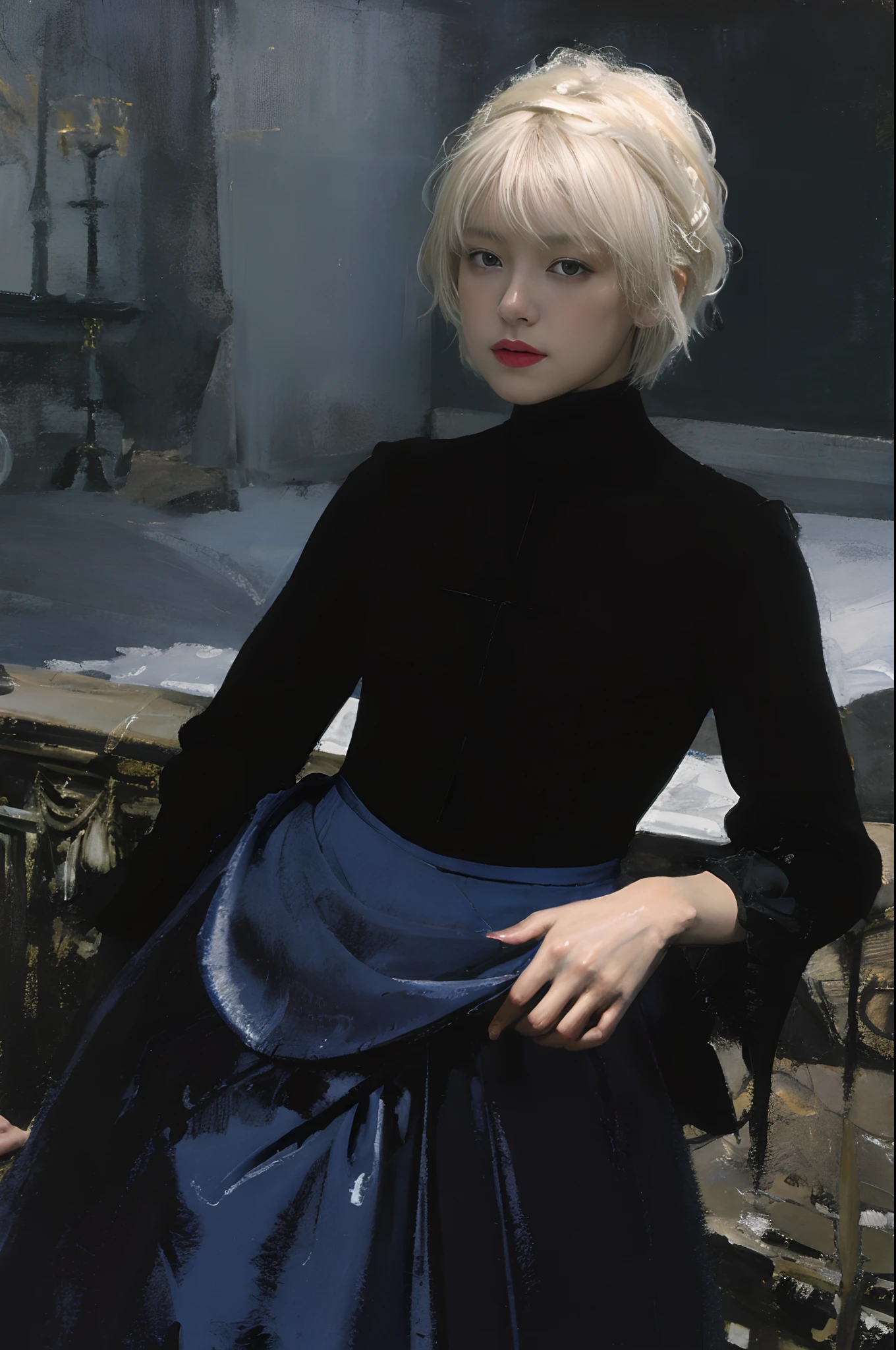 Top image quality、​masterpiece、Thick oil painting、Impasto、Impresionismo、Aerial perspective、thirds rule、Beautiful Scandinavia１girl with、slightly smaller eyes、Pretty small face、Light makeup、Platinum blonde short hair、middlebreasts、big butts、slightly thicker legs、Black Gloves、Long Sleeve Gothic Dress、long  skirt、The dimly lit basement of the old castle、lanthanum、blue moonlight