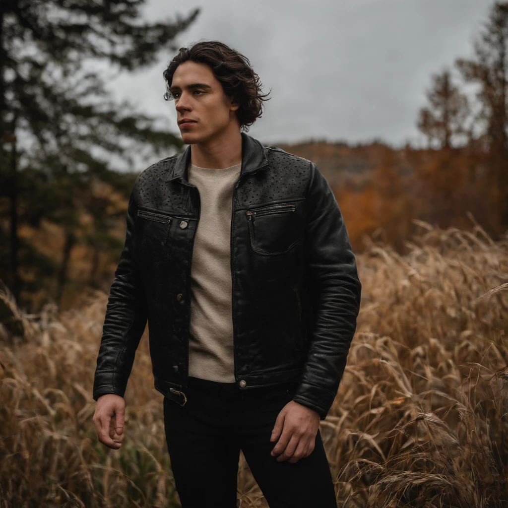 18 year old male with messy black hair and green eyes, he is tall and muscular. He is wearing a black leather jacket, black jeans and black leather boots . He is wearing a beanie. Vermont in the fall.