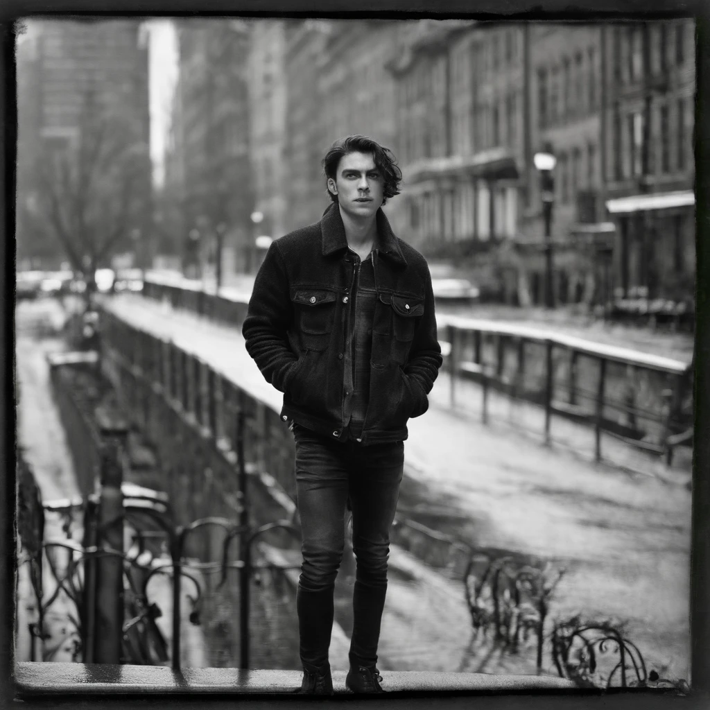 18 year old male with messy black hair and green eyes, he is tall and muscular. He is wearing a black leather jacket, black jeans and black leather boots . He is wearing a beanie. Vermont in the fall.