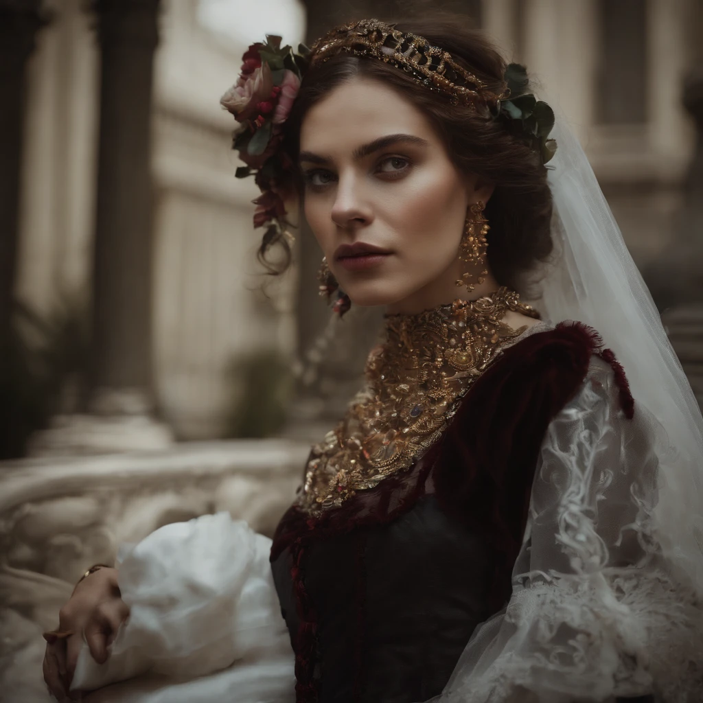 Beautiful woman with glass in her eyes, sad, depressed, melancholy, decay, flowers, feathers, paint, blurry vision, baroque, ornate clothing, gothic, rich deep colors, photorealism, epic, cinematic, masterpiece, elegant, highly detailed, sharp focus, tears of gold