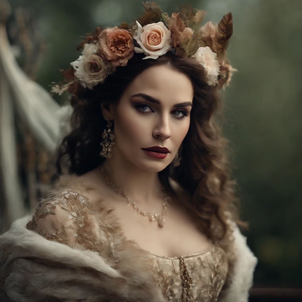 Beautiful woman with glass in her eyes, sad, depressed, melancholy, decay, flowers, feathers, paint, blurry vision, baroque, ornate clothing, gothic, rich deep colors, photorealism, epic, cinematic, masterpiece, elegant, highly detailed, sharp focus, tears of gold