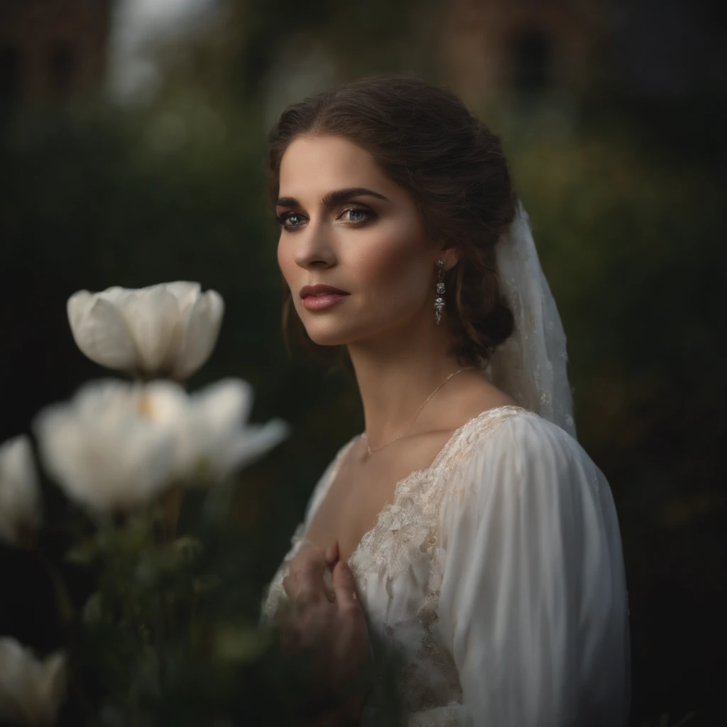 Beautiful woman with glass in her eyes, sad, depressed, melancholy, decay, flowers, feathers, paint, blurry vision, baroque, ornate clothing, gothic, rich deep colors, photorealism, epic, cinematic, masterpiece, elegant, highly detailed, sharp focus, tears of gold