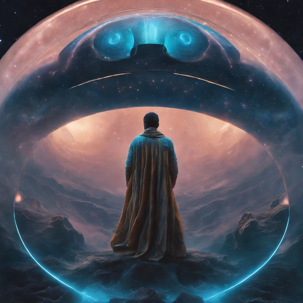 Imagine an electric blue nebula filled with psychedelic colors and pulsating plasma streams. A cyborg, half-human and half-android, floats in space, marveling at the alien technologies surrounding. illustration, dark magic splash, fantasy art, hand drawn, Accent Lighting, subtle motion effects, best quality, decorative art, low-poly, UHD, golden ratio composition, ((soft colors)), (cel-shading style)extremely saturated image (saturation 10) ink lined art, bold lines, illuminated by stars