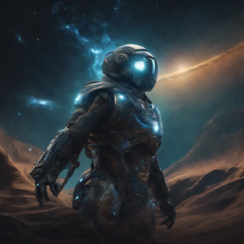 Imagine an electric blue nebula filled with psychedelic colors and pulsating plasma streams. A cyborg, half-human and half-android, floats in space, marveling at the alien technologies surrounding. illustration, dark magic splash, fantasy art, hand drawn, Accent Lighting, subtle motion effects, best quality, decorative art, low-poly, UHD, golden ratio composition, ((soft colors)), (cel-shading style)extremely saturated image (saturation 10) ink lined art, bold lines, illuminated by stars