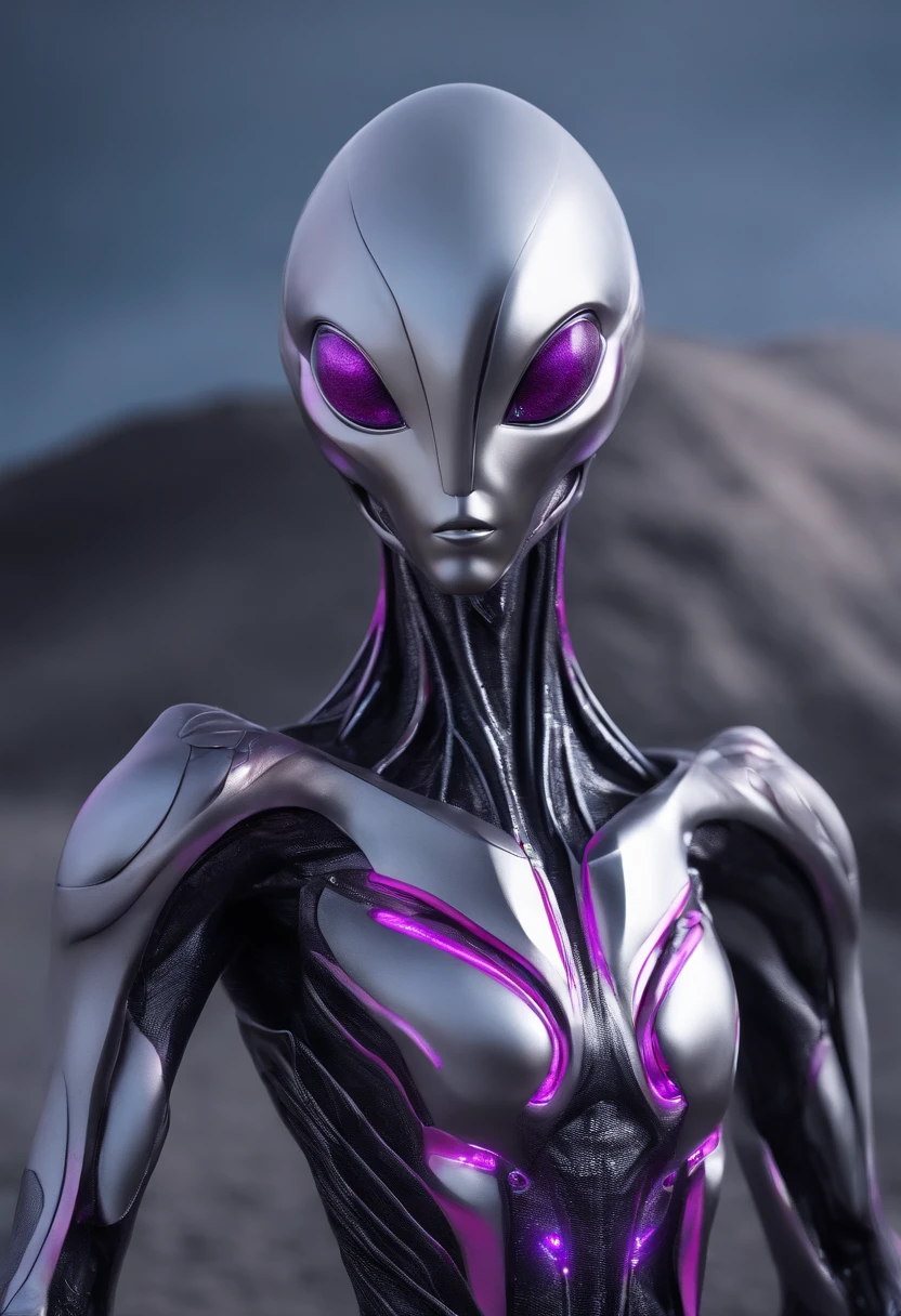 A hybrid alien human and extraterrestrial, silvery gray color with an elongated head, olhos grandes, nariz pequeno , pequeno, Slender body enters a starship wearing a realistic futuristic alien suit, a hyper-detailed alien, pink and purple and alien, alien looking, space alien Ete-Grey , Portrait of a large alien pupil Almond Exotic silver alien Portrait of a humanoid alien, An alien, alien portrait, Hybrid alien Long-headed affectionate alien, futuristic alien features. ( Detalhes borrados do navio futurista) Ultra technological scenario of the alien planet of the desert