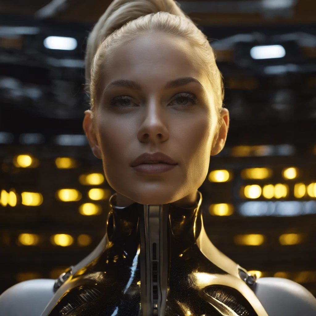 Blond woman face, black futuristic suit, electronic devices, led screens, laboratory, computers everywhere, long lent 150mm, bokeh, yellow background, glass spheres, glows, giant robots on back of the woman