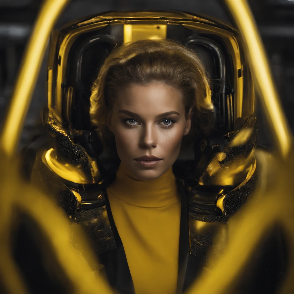 Blond woman face, black futuristic suit, electronic devices, led screens, laboratory, computers everywhere, long lent 150mm, bokeh, yellow background, glass spheres, glows, giant robots on back of the woman