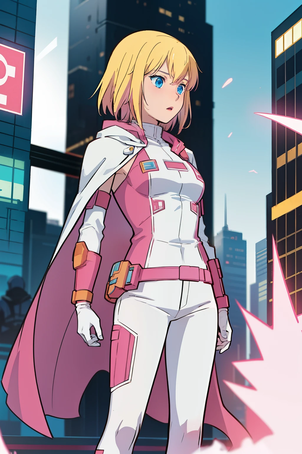 solo, 1girl, (masterpiece), (( appearance)), Blonde hair, Medium hair, blue eyes, anime girl, pink super hero uniform with white pants, hero cape, small breasts, cyberpunk city, nigth