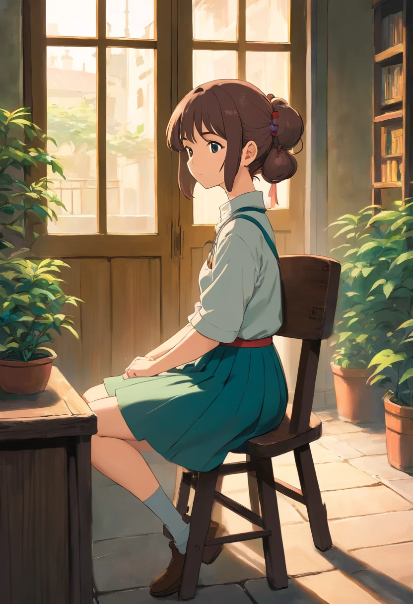 18 year old girl, With hair up to back, Wear skirt, Introverted, Sitting on the school chair overlooking the courtyard, Sad, anime style