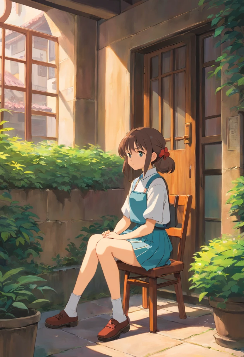 18 year old girl, With hair up to back, Wear skirt, Introverted, Sitting on the school chair overlooking the courtyard, Sad, anime style