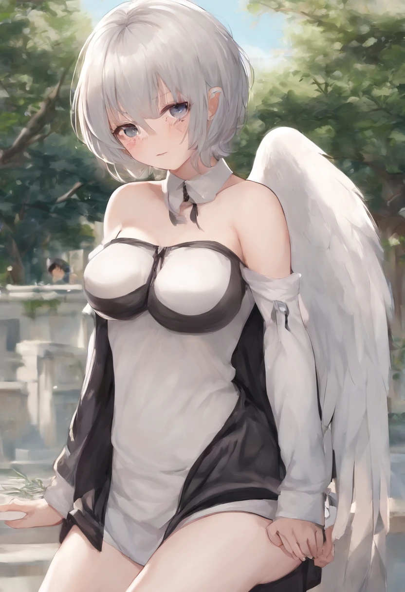 masculine hair, SHOTA, 1boy, FEMBOY, MEN, BOY, (masterpiece), best quality, expressive eyes, perfect face, small body, blush, huge ass, short hair, medium length boy's white hair, white cat ears, black stockings, black thigh high stockings, black pullover, light blue eyes, white little angel wings, black small briefs, lump between legs, head on, black pullover, fluffy hair, flat chest, medium length hair, black choker, hair clip color pink, even bangs, very short hair, HAIR COLOR WHITE, gender male, hair boy, flat chest, white hair, boy hair, boy's white disheveled hair, 1boy, dark gray sneakers, waist-length shirt, main character male, huge ass, black pullover, white cat ears, huge ass, giant thighs, white cat ears, fitted pullover, black panties, only black clothes, hole between the thighs, tight long stockings, erection, circular ass, Small waist, small curves, big butt, underpants smaller than the ass, short pullover, tight clothes, boy, men, big fat thighs, aesthetic, round big thighs, little angel wings, cute light blue eyes, black pullover, very light skin, highly detailed, ass and thighs bigger than body, black socks, BOY, child. kid, MEN, male character, 1 character, 1 person, tiny curves, tiny hips, giant thighs, corean hair, perfect bangs with the left part uncovered, very flat chest, cute huge thighs