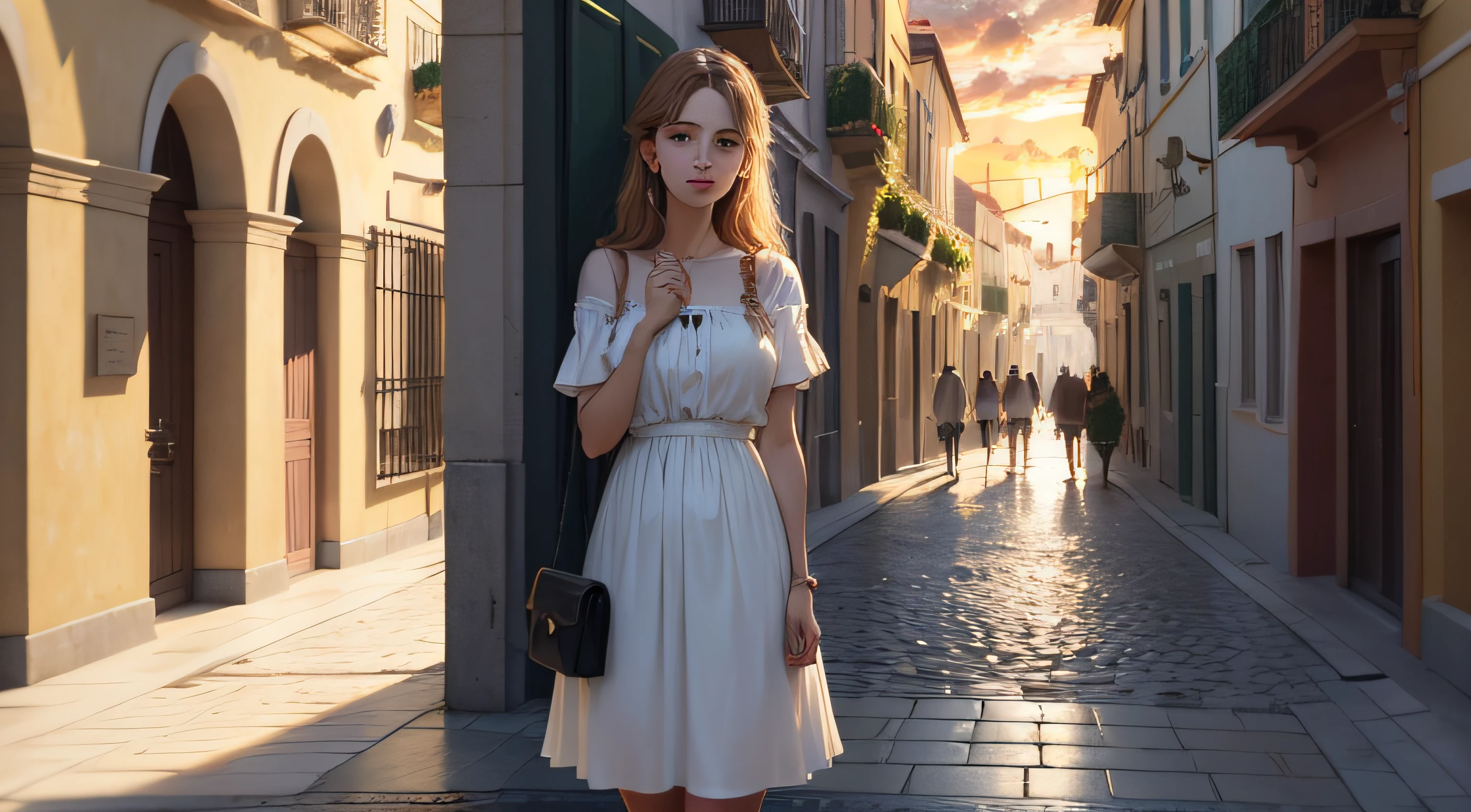 Oil painting of a sunset in a Mediterranean city by the sea, con muchas flores y sin gente, La tarde es lluviosa se puede ver el sol, Elegant atmosphere, Muchos detalles, Lumion 8K Render, Muchos detalles, Yellow kinematic lighting in warm tones , Image in the style of an impressionist oil painting, Muchá, Manet Cézanne.