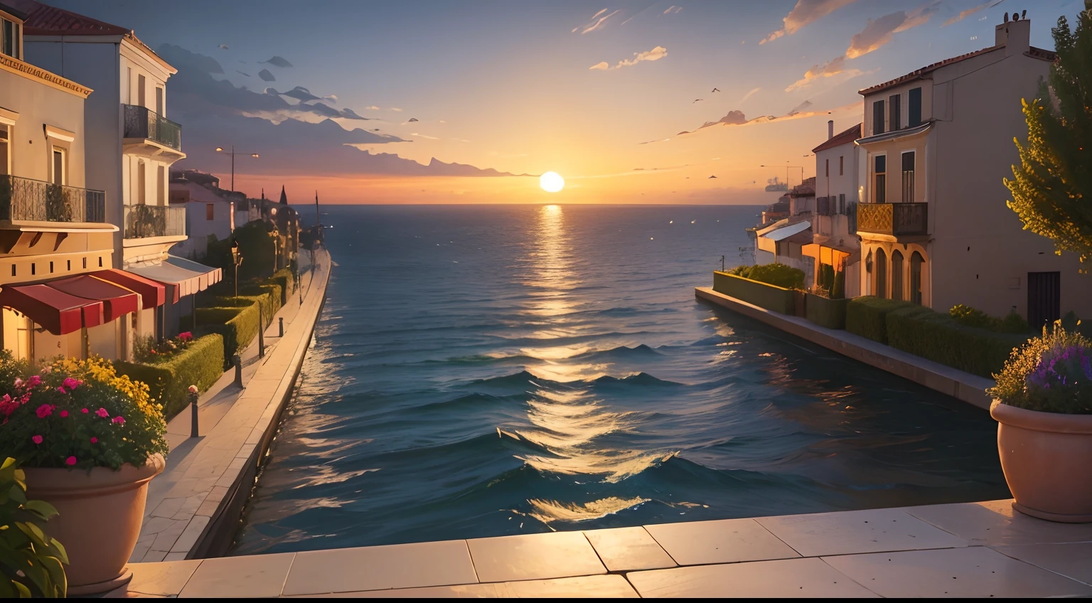 Oil painting of a sunset in a Mediterranean city by the sea, con muchas flores y sin gente, La tarde es lluviosa se puede ver el sol, Elegant atmosphere, Muchos detalles, Lumion 8K Render, Muchos detalles, Yellow kinematic lighting in warm tones , Image in the style of an impressionist oil painting, Muchá, Manet Cézanne.