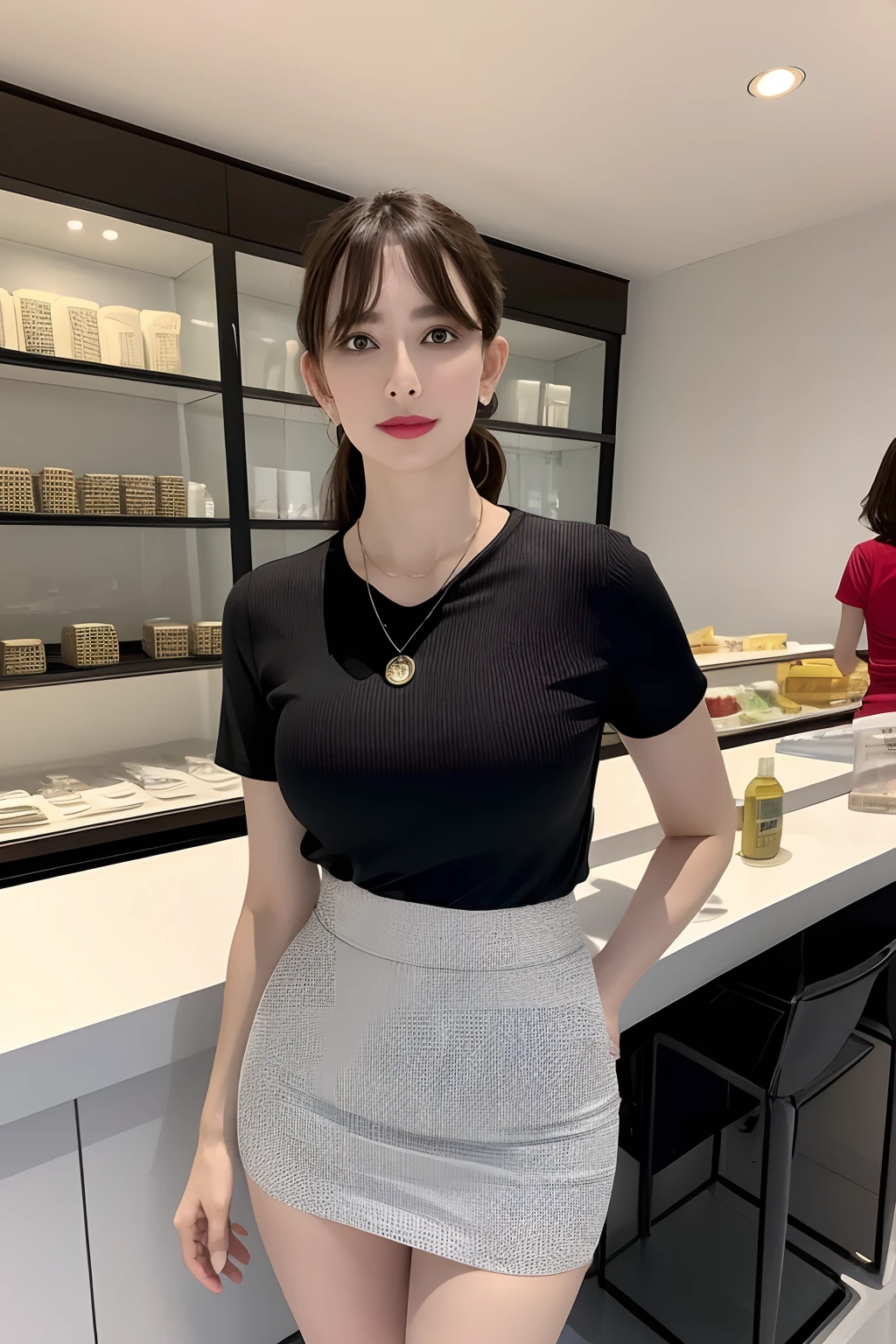 Short sleeve、Shiny tight skirt、Turn up your skirt、Long body、A slender、Inside the city、adult woman、adult lady、skin-tight、Show your pants