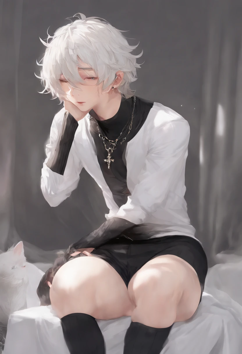 masculine hair, SHOTA, 1boy, FEMBOY, MEN, BOY, (masterpiece), best quality, expressive eyes, perfect face, small body, blush, huge ass, short hair, medium length boy's white hair, white cat ears, black stockings, black thigh high stockings, black pullover, light blue eyes, white little angel wings, black small briefs, lump between legs, head on, black pullover, fluffy hair, flat chest, medium length hair, black choker, hair clip color pink, even bangs, very short hair, HAIR COLOR WHITE, gender male, hair boy, flat chest, white hair, boy hair, boy's white disheveled hair, 1boy, dark gray sneakers, waist-length shirt, main character male, huge ass, black pullover, white cat ears, huge ass, giant thighs, white cat ears, fitted pullover, black panties, only black clothes, hole between the thighs, tight long stockings, erection, circular ass, Small waist, small curves, big butt, underpants smaller than the ass, short pullover, tight clothes, boy, men, big fat thighs, aesthetic, round big thighs, little angel wings, cute light blue eyes, black pullover, very light skin, highly detailed, ass and thighs bigger than body, black socks, BOY, child. ???, MEN, male character, 1 character, 1 person, tiny curves, tiny hips, giant thighs, corean hair, perfect bangs with the left part uncovered, very flat chest, cute huge thighs