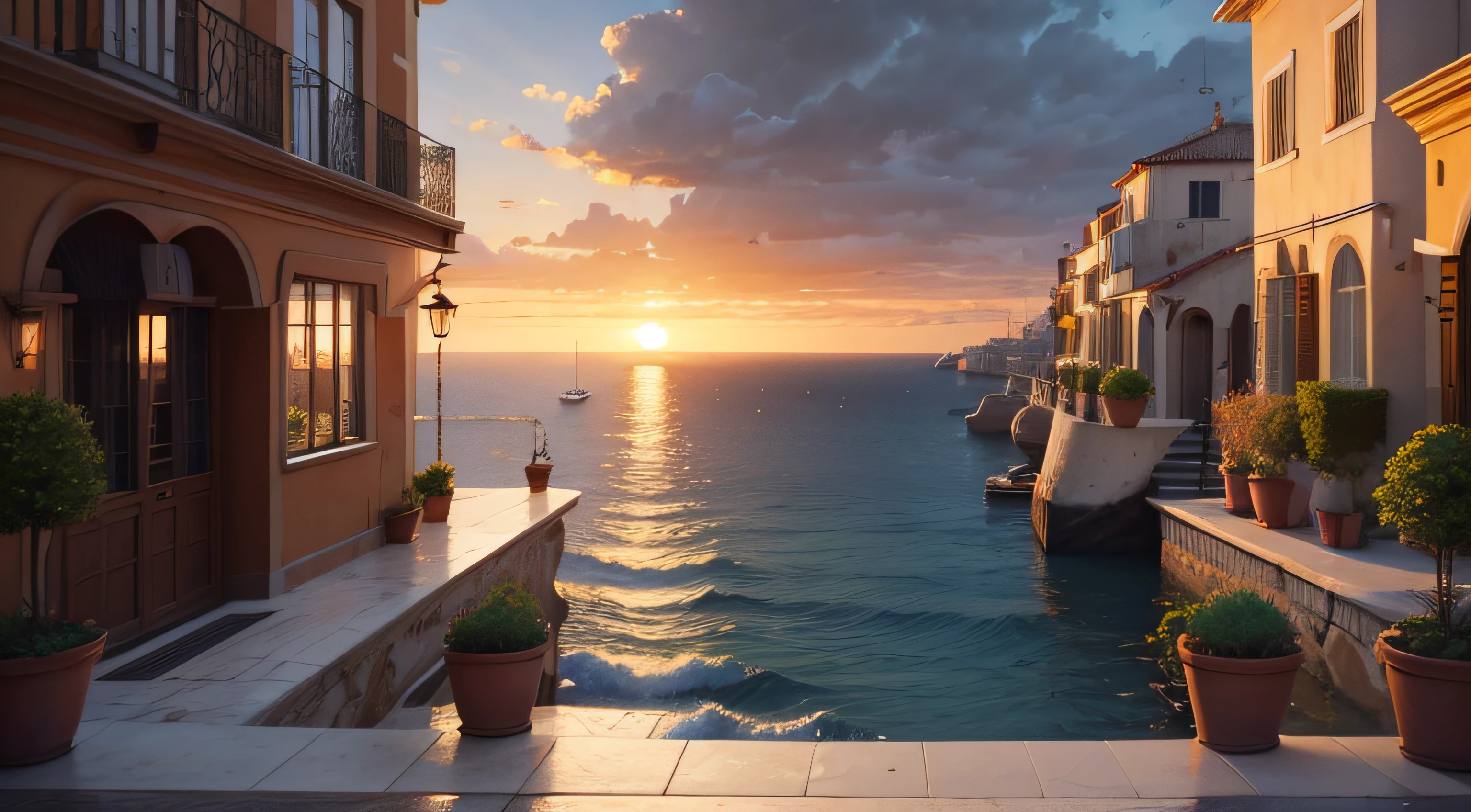 Oil painting of a sunset in a Mediterranean city by the sea, con muchas flores y sin gente, La tarde es lluviosa se puede ver el sol, Elegant atmosphere, Muchos detalles, Lumion 8K Render, Muchos detalles, Yellow kinematic lighting in warm tones , Image in the style of an impressionist oil painting, Muchá, Manet Cézanne.